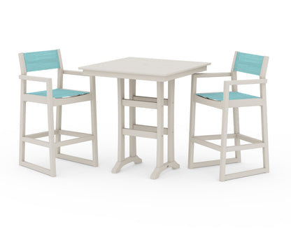 POLYWOOD® EDGE Sling Arm Chair 3-Piece Farmhouse Bar Set with Trestle Legs in Sand / Dupioni Aquamarine Sling