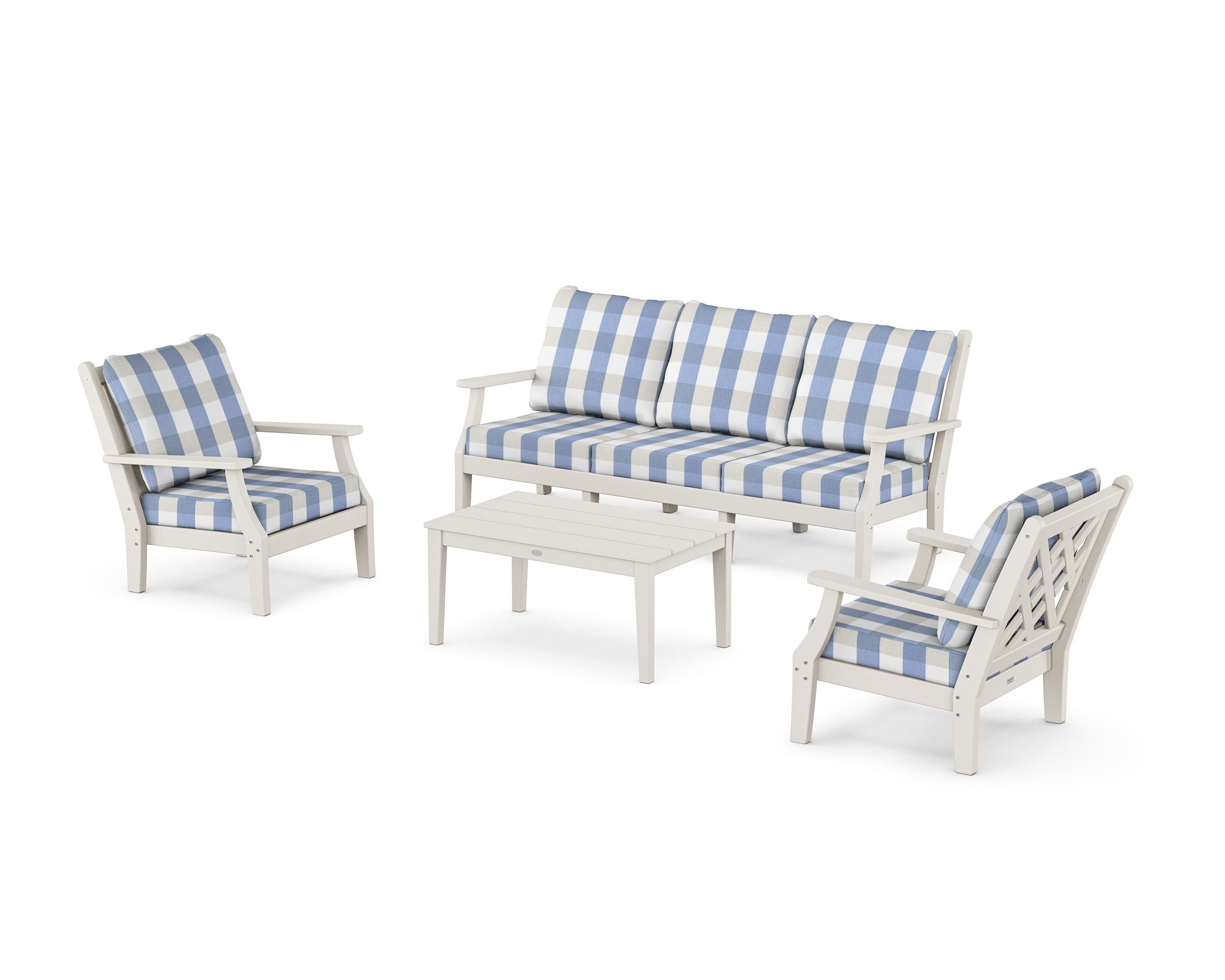 Country Living Wovendale 4-Piece Deep Seating Set with Sofa in Sand / Buffalo Plaid Sky Blue