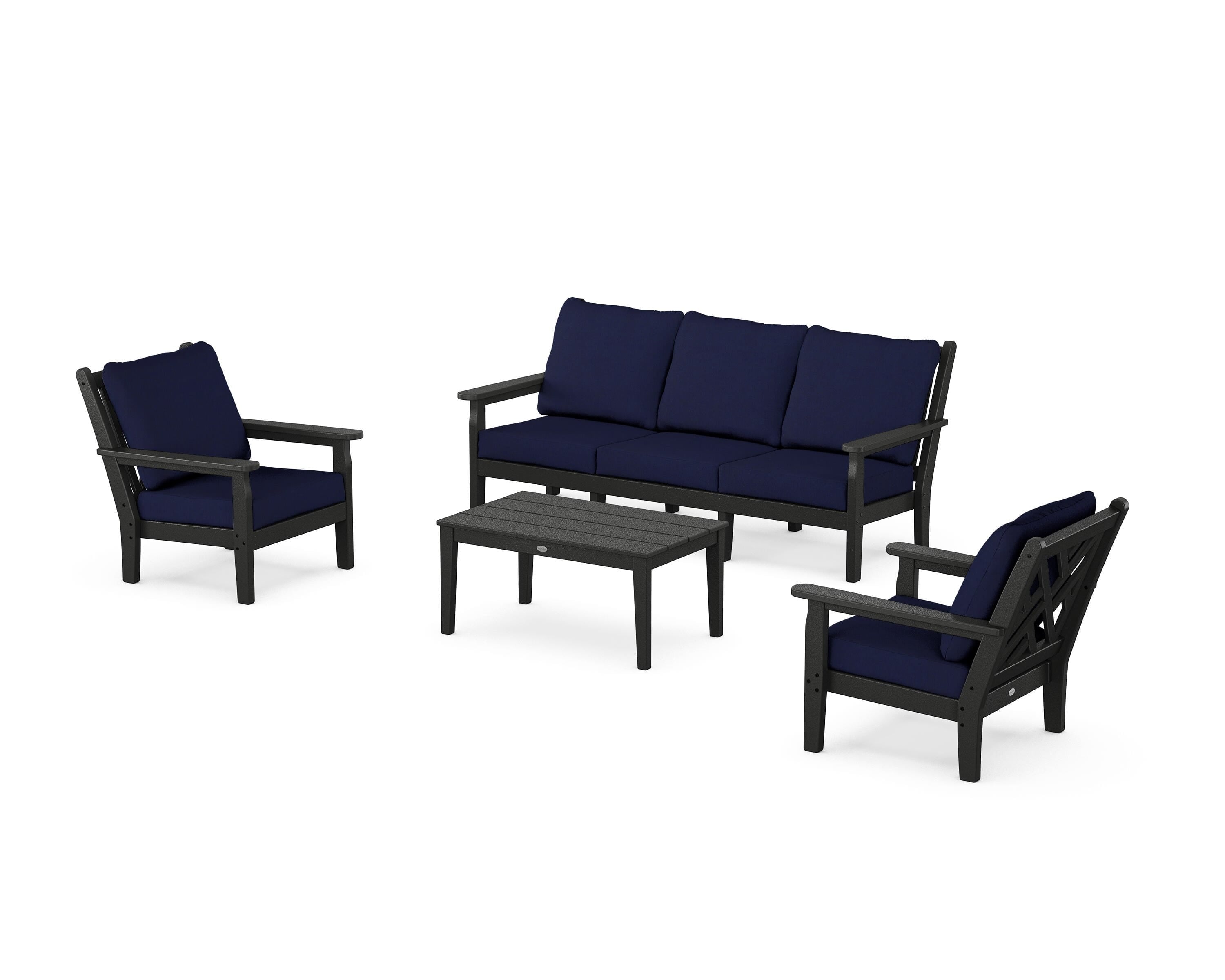POLYWOOD® Chippendale 4-Piece Deep Seating Set with Sofa in Black / Navy