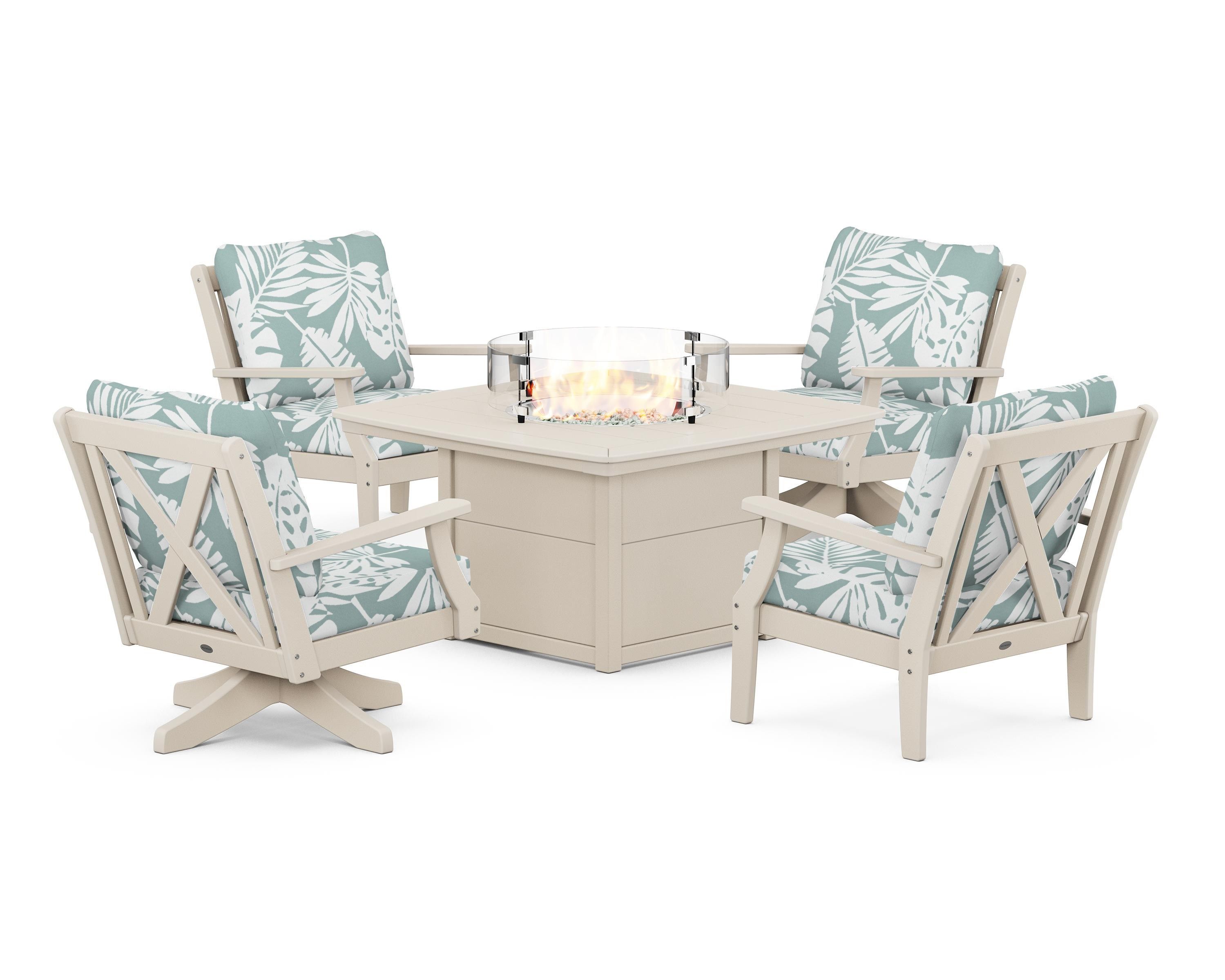 POLYWOOD® Braxton 5-Piece Deep Seating Set with Fire Table in Sand / Leaf Glacier Spa