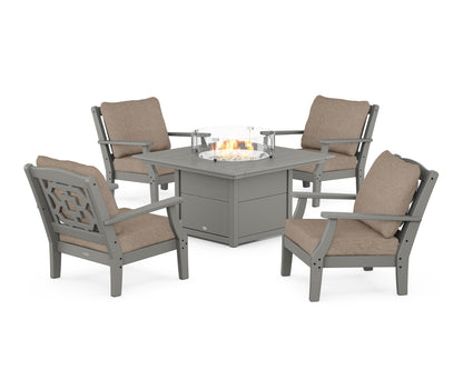 Martha Stewart by POLYWOOD® Chinoiserie 5-Piece Deep Seating Set with Fire Pit Table in Slate Grey / Spiced Burlap