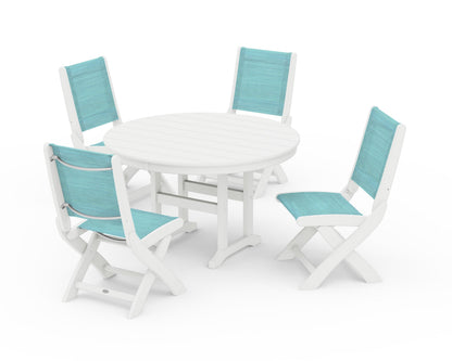 POLYWOOD® Coastal Folding Side Chair 5-Piece Round Dining Set in White / Dupioni Aquamarine Sling