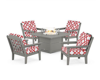 Country Living Cottage 5-Piece Deep Seating Set with Fire Pit Table in Slate Grey / Trellis Crimson