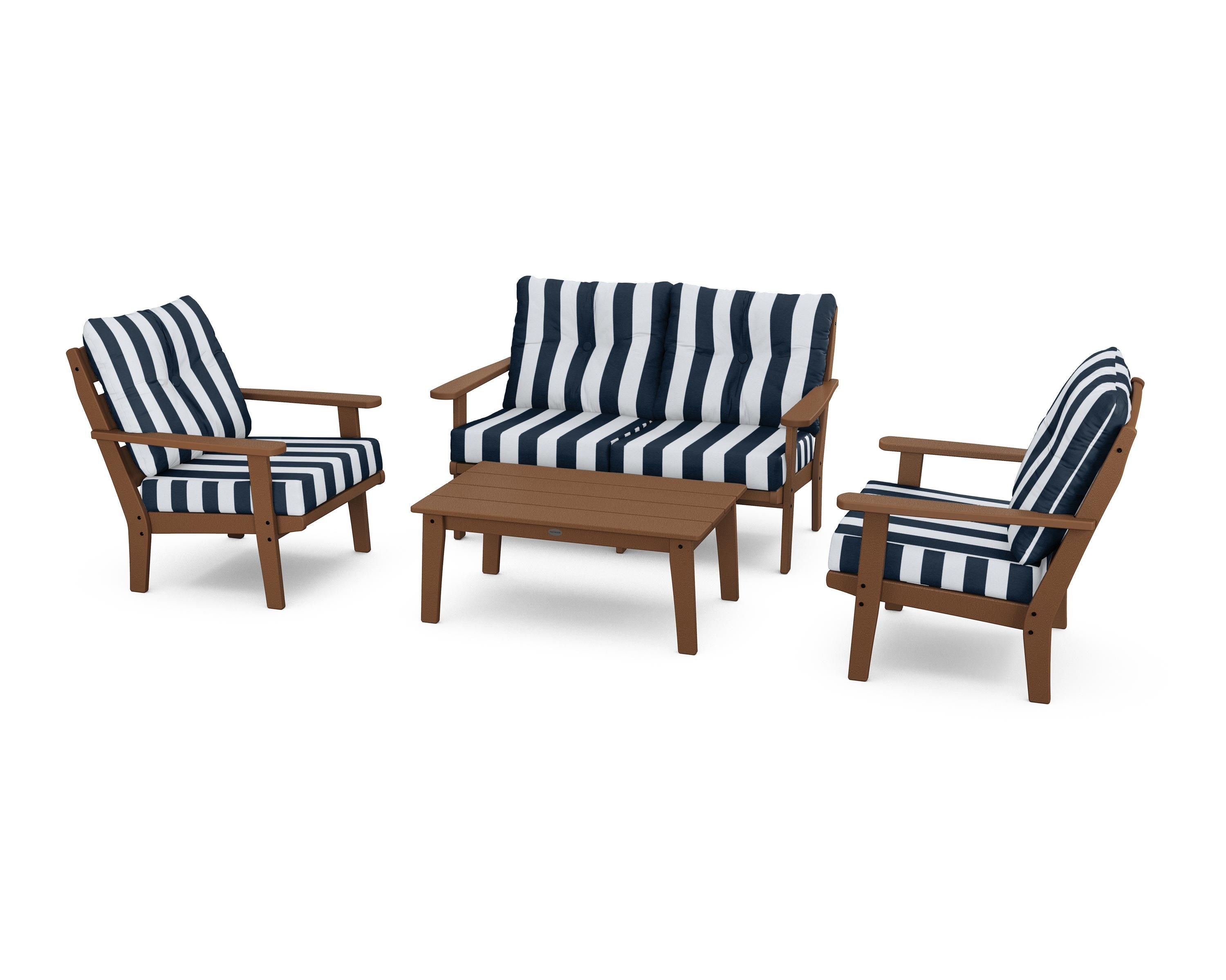 POLYWOOD® Lakeside 4-Piece Deep Seating Set in Teak / Cabana Stripe Marine Indigo