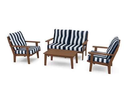 POLYWOOD® Lakeside 4-Piece Deep Seating Set in Teak / Cabana Stripe Marine Indigo