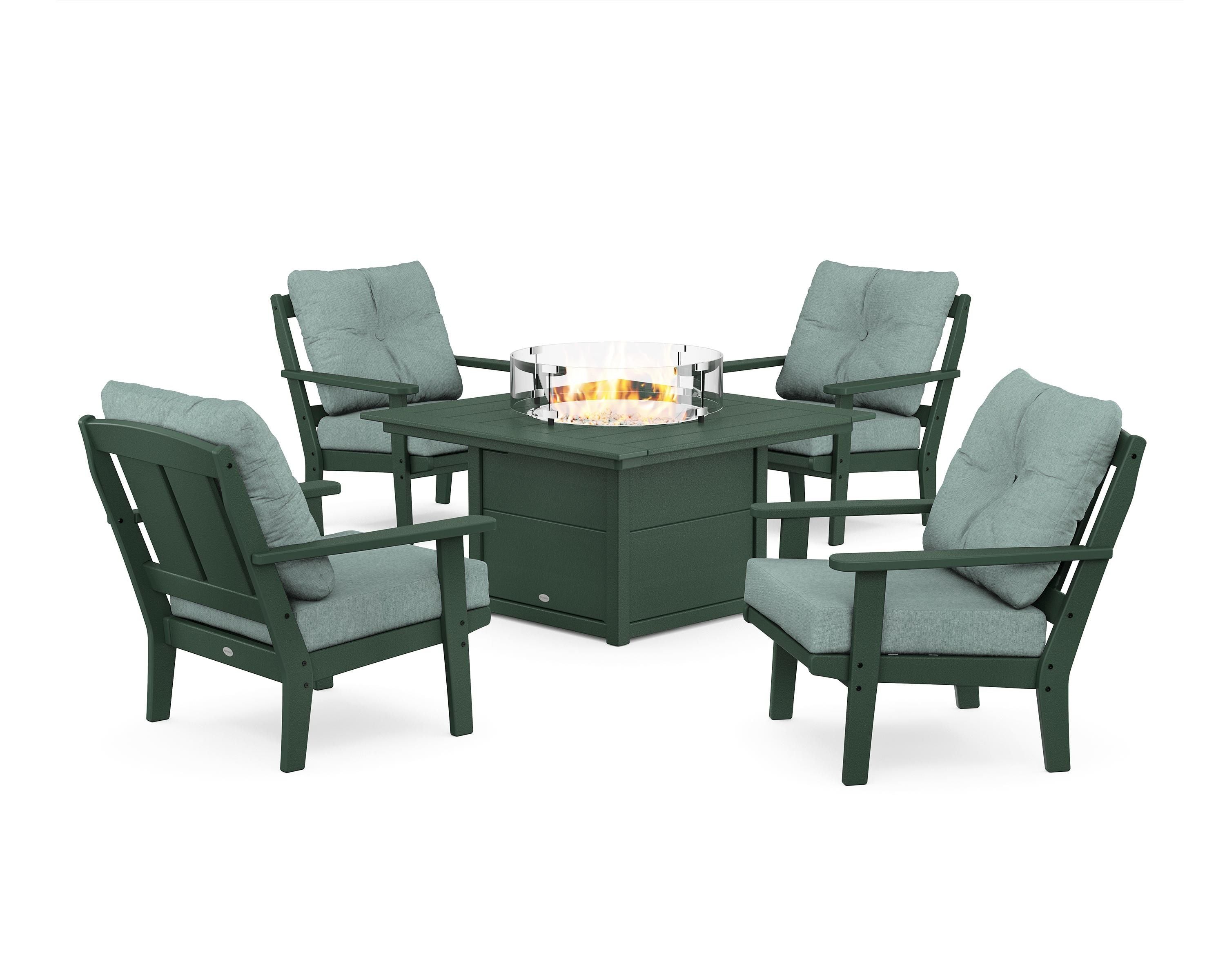 POLYWOOD® Mission 5-Piece Deep Seating Set with Fire Pit Table in Green / Glacier Spa