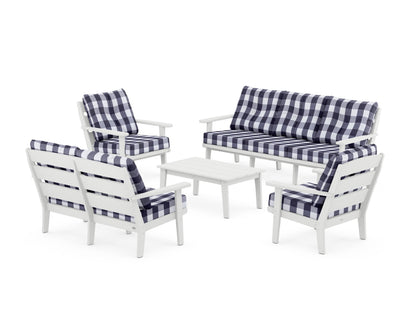 POLYWOOD® Lakeside 5-Piece Lounge Sofa Set in White / Buffalo Plaid Navy