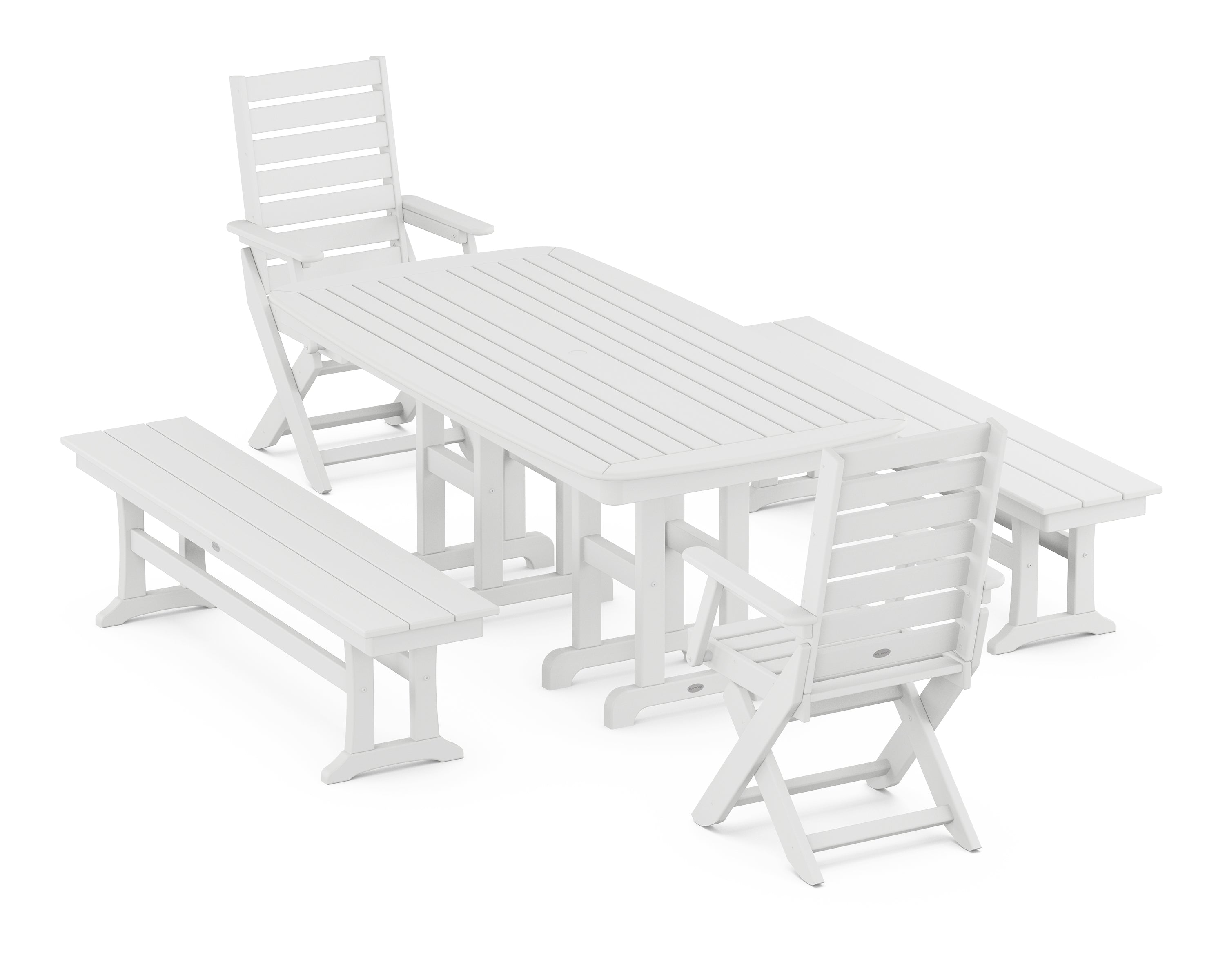 POLYWOOD® Captain Folding Chair 5-Piece Dining Set with Benches in White