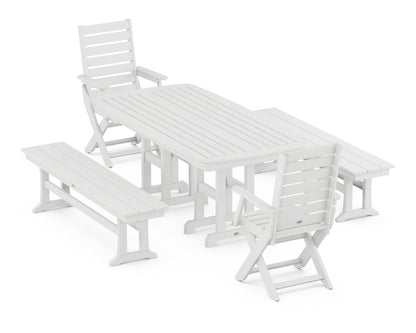 POLYWOOD® Captain Folding Chair 5-Piece Dining Set with Benches in White