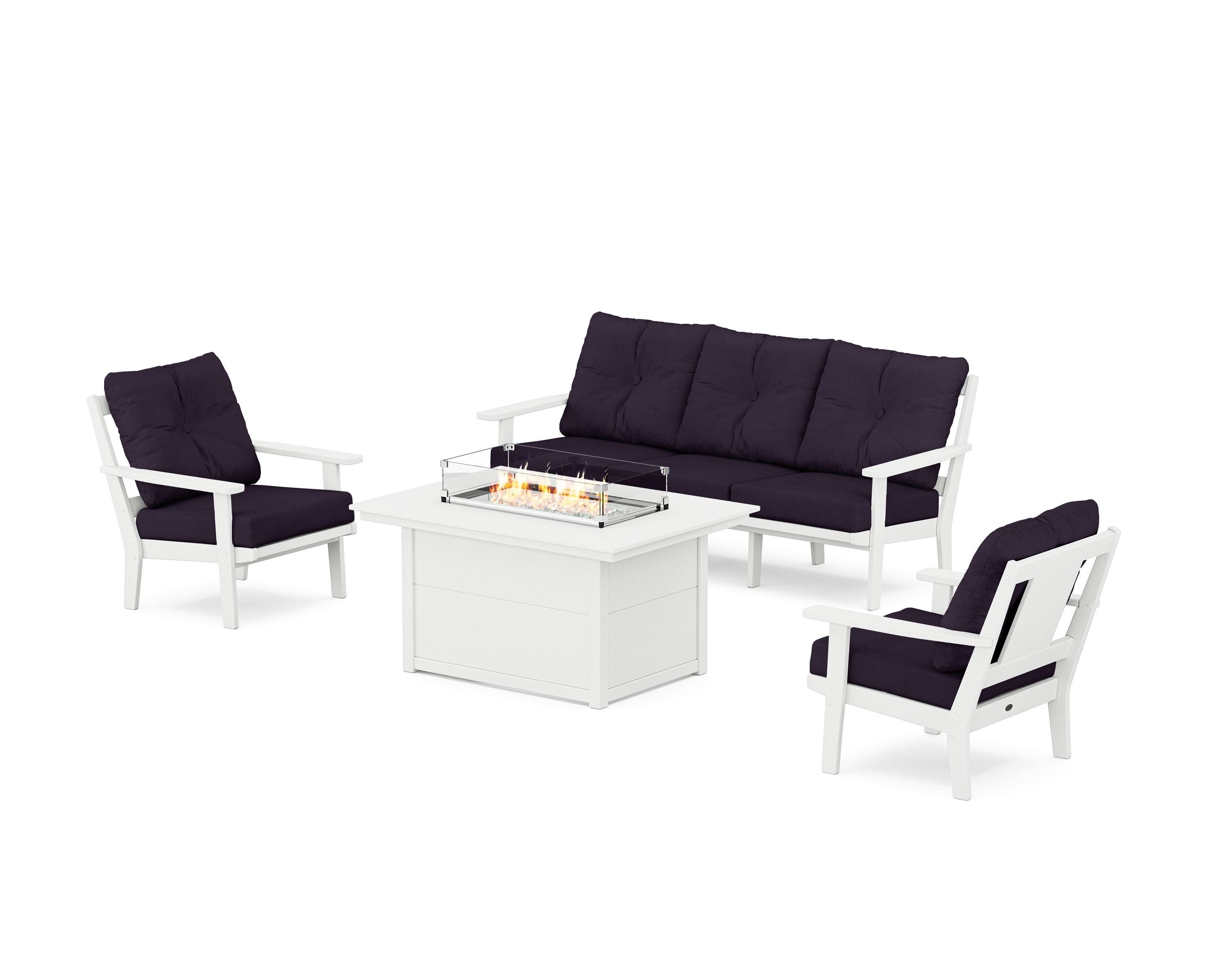 POLYWOOD® Prairie Deep Seating Fire Pit Table Set in White / Navy Linen