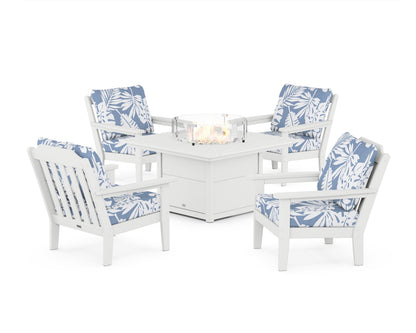 Country Living Cottage 5-Piece Deep Seating Set with Fire Pit Table in White / Leaf Sky Blue