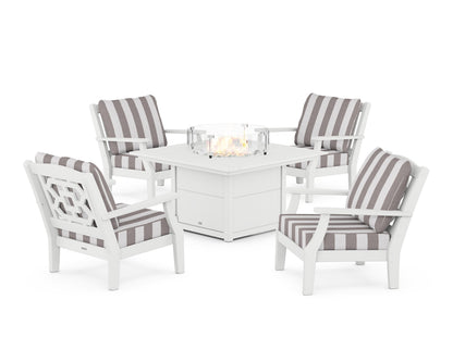 Martha Stewart by POLYWOOD® Chinoiserie 5-Piece Deep Seating Set with Fire Pit Table in White / Cabana Stripe Grey Mist