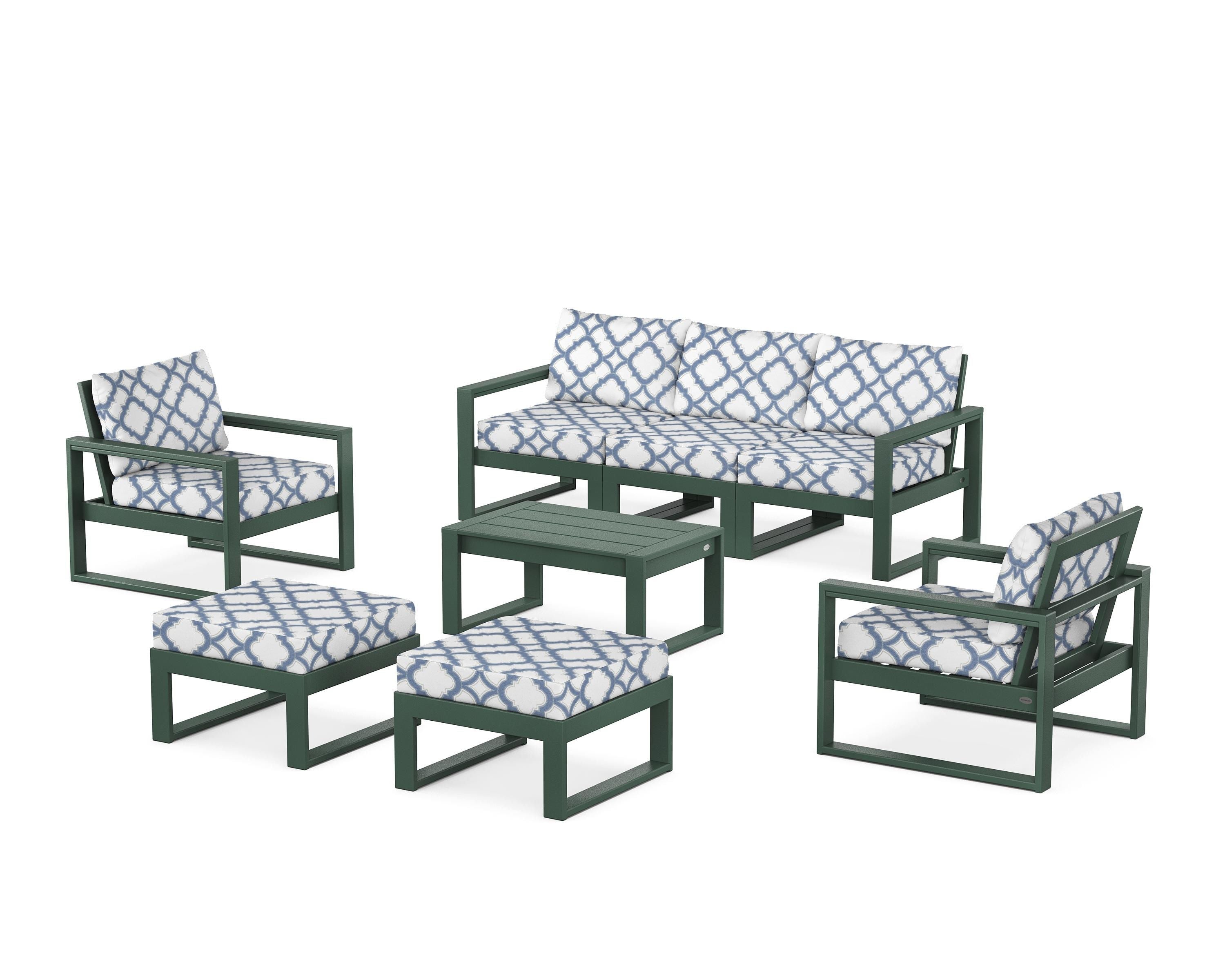 POLYWOOD® EDGE Sectional 8-Piece Lounge Sofa Set in Green / Trellis Sky Blue