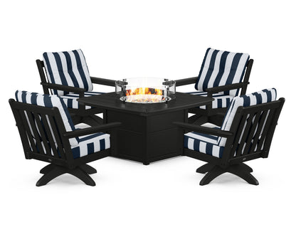 POLYWOOD® Vineyard 5-Piece Deep Seating Swivel Conversation Set with Fire Pit Table in Black / Cabana Stripe Marine Indigo