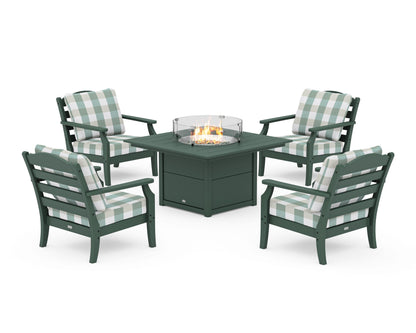 Draper James™ by  POLYWOOD® Savannah 5-Piece Deep Seating Set with Fire Pit Table in Green / Buffalo Plaid Glacier Spa
