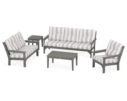 POLYWOOD® Vineyard 5 Piece Deep Seating Set in Slate Grey / Cabana Stripe Dune Burlap