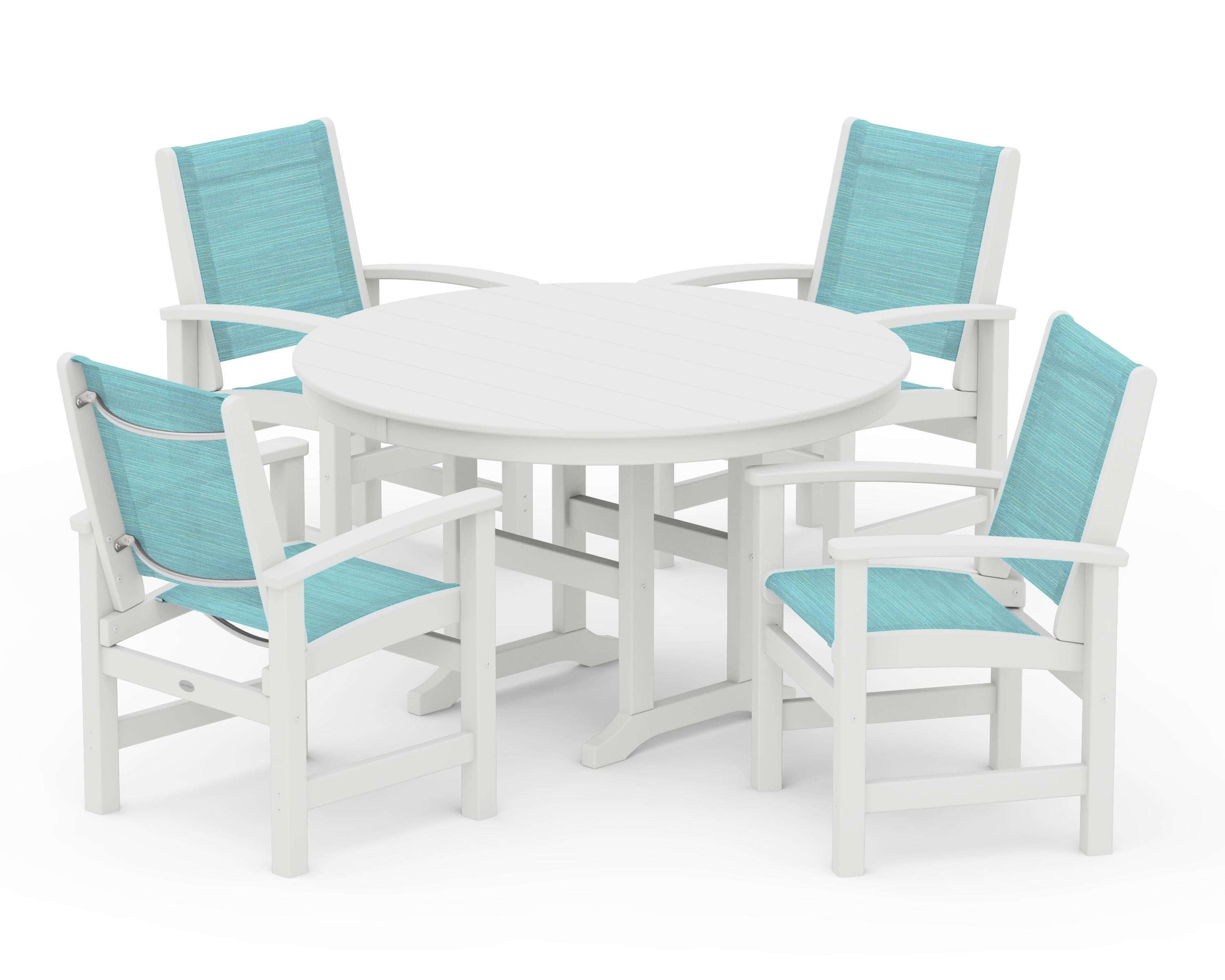 POLYWOOD® Coastal 5-Piece Round Farmhouse Dining Set in White / Dupioni Aquamarine Sling