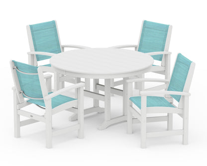 POLYWOOD® Coastal 5-Piece Round Farmhouse Dining Set in White / Dupioni Aquamarine Sling