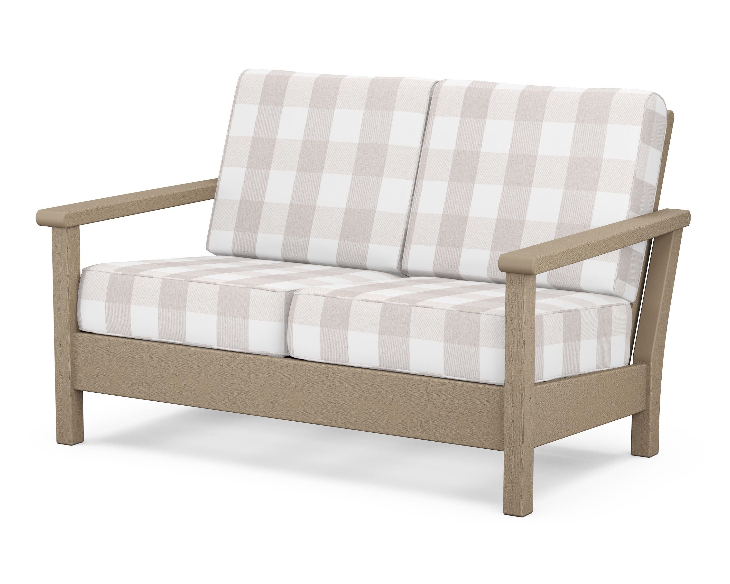 POLYWOOD® Harbour Deep Seating Loveseat in Vintage Sahara / Buffalo Plaid Dune Burlap