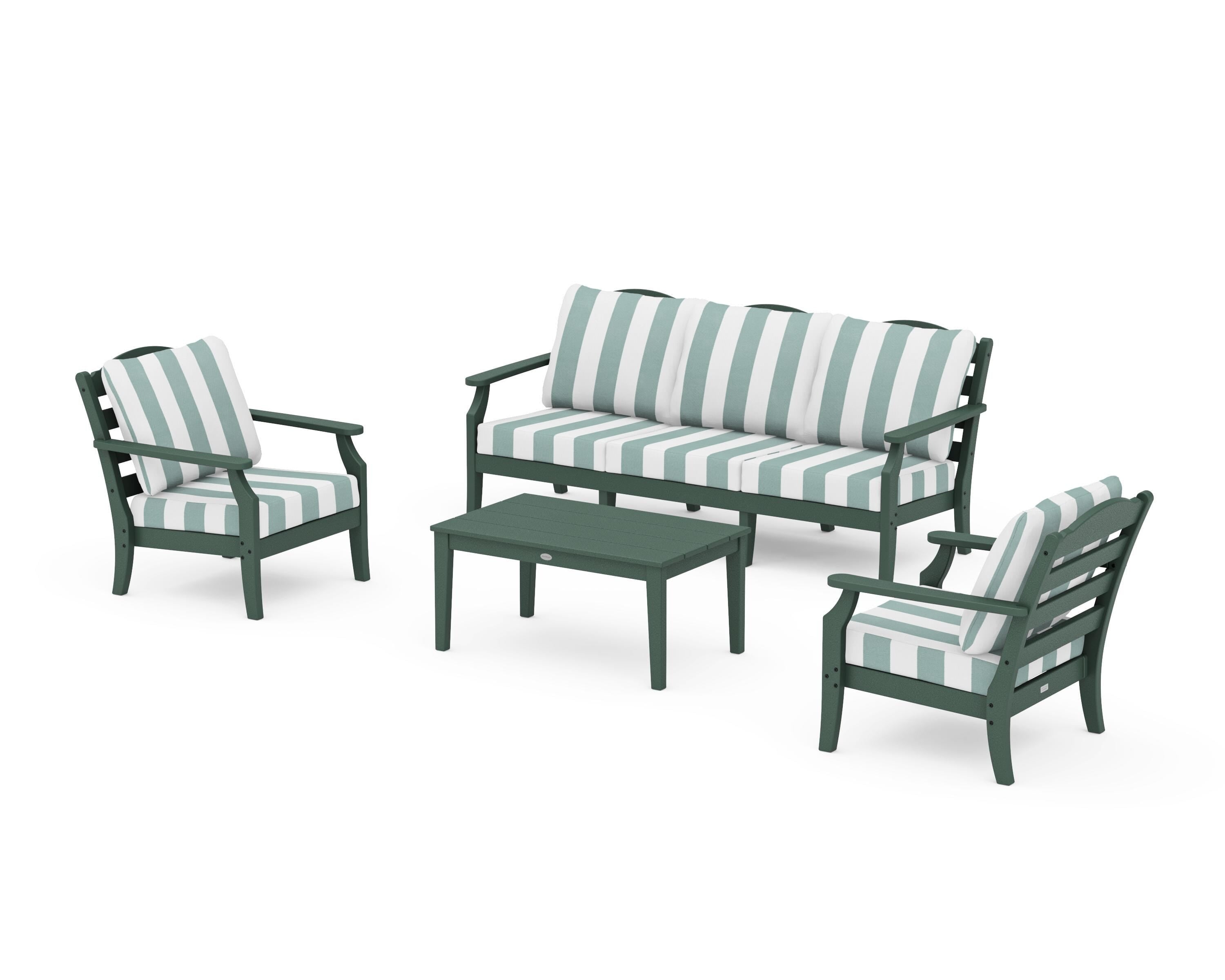 Draper James™ by  POLYWOOD® Savannah 4-Piece Deep Seating Set with Sofa in Green / Cabana Stripe Glacier Spa