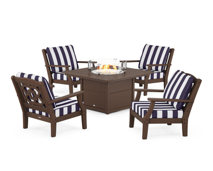 Martha Stewart by POLYWOOD® Chinoiserie 5-Piece Deep Seating Set with Fire Pit Table in Mahogany / Cabana Stripe Navy