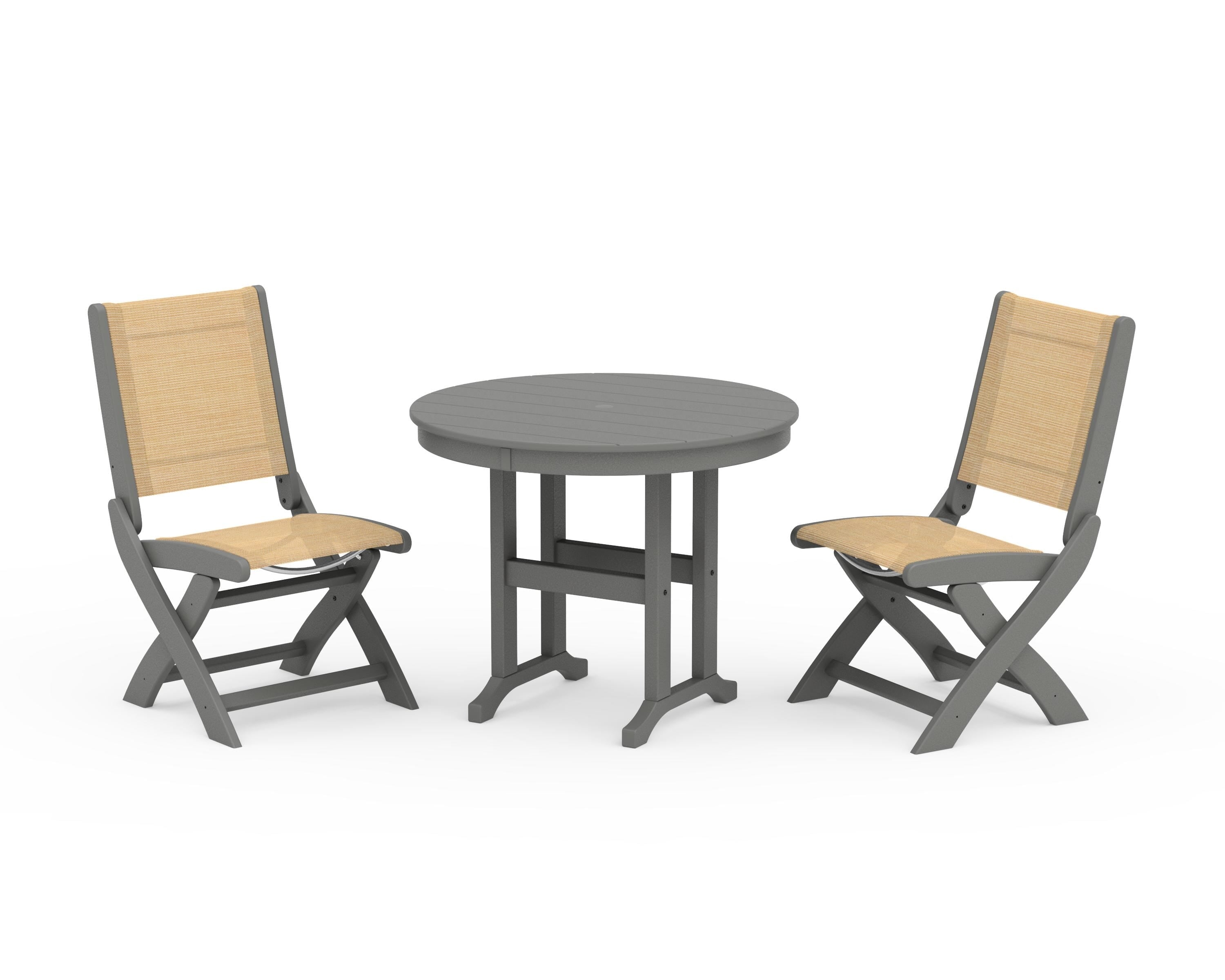 POLYWOOD® Coastal Folding Side Chair 3-Piece Round Dining Set in Slate Grey / Dupioni Apricot Sling
