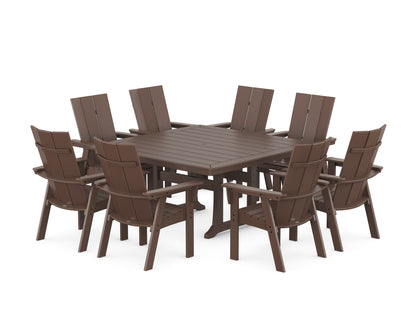 POLYWOOD® Modern Curveback Adirondack 9-Piece Square Dining Set with Trestle Legs in Mahogany