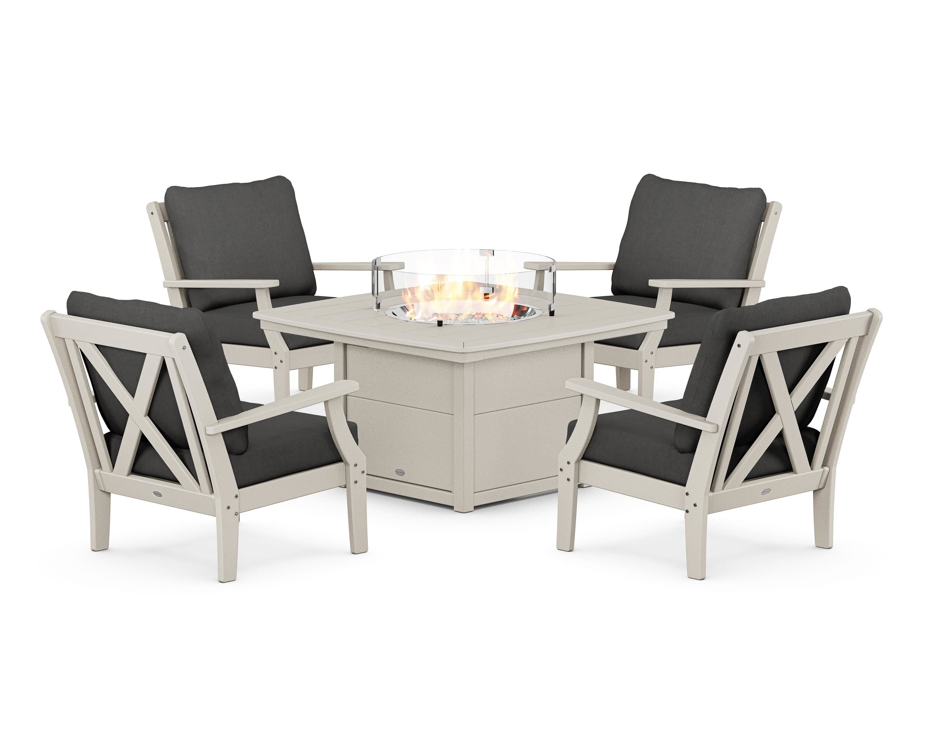 POLYWOOD® Braxton 5-Piece Deep Seating Conversation Set with Fire Pit Table in Sand / Spectrum Carbon