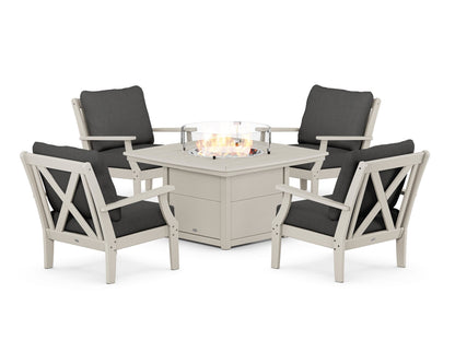 POLYWOOD® Braxton 5-Piece Deep Seating Conversation Set with Fire Pit Table in Sand / Spectrum Carbon