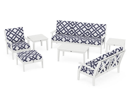 POLYWOOD® Braxton 7-Piece Deep Seating Set in White / Trellis Navy