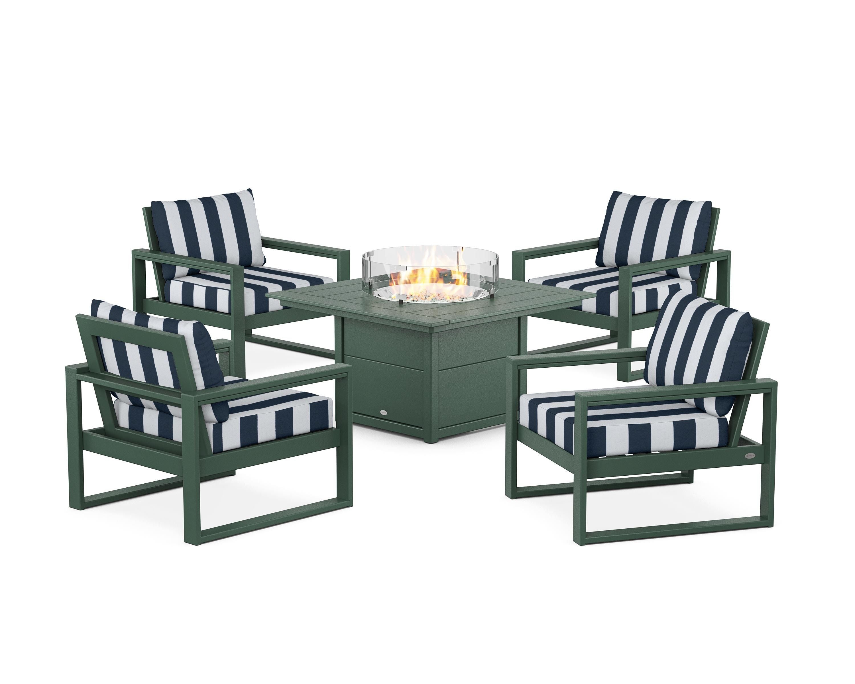 POLYWOOD® EDGE Sectional 5-Piece Deep Seating Set with Fire Pit Table in Green / Cabana Stripe Marine Indigo