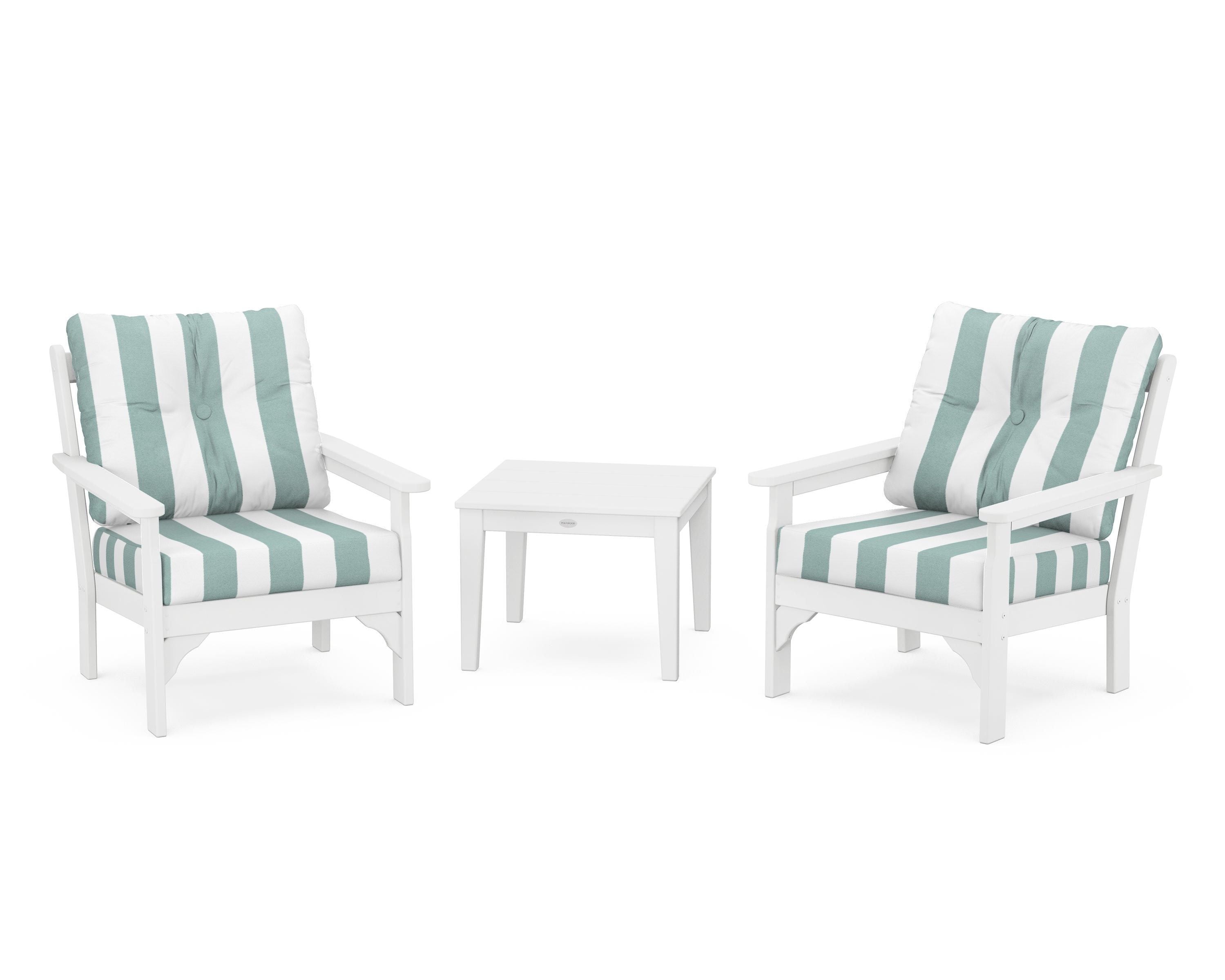 POLYWOOD® Vineyard 3-Piece Deep Seating Set in White / Cabana Stripe Glacier Spa