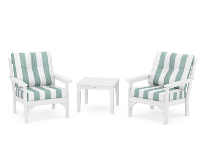 POLYWOOD® Vineyard 3-Piece Deep Seating Set in White / Cabana Stripe Glacier Spa