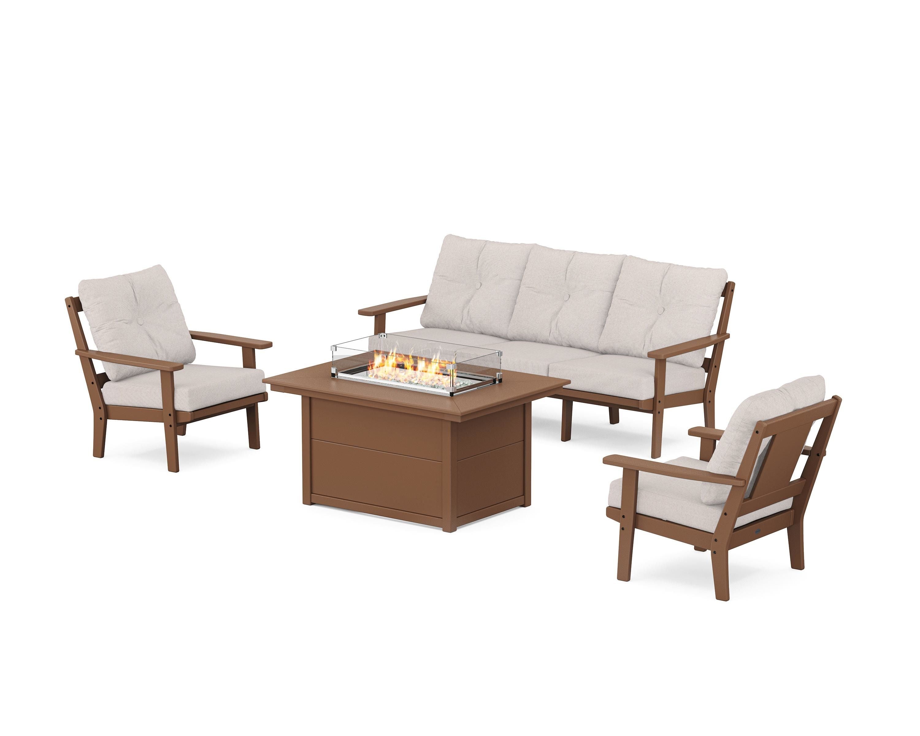 POLYWOOD® Prairie Deep Seating Fire Pit Table Set in Teak / Dune Burlap