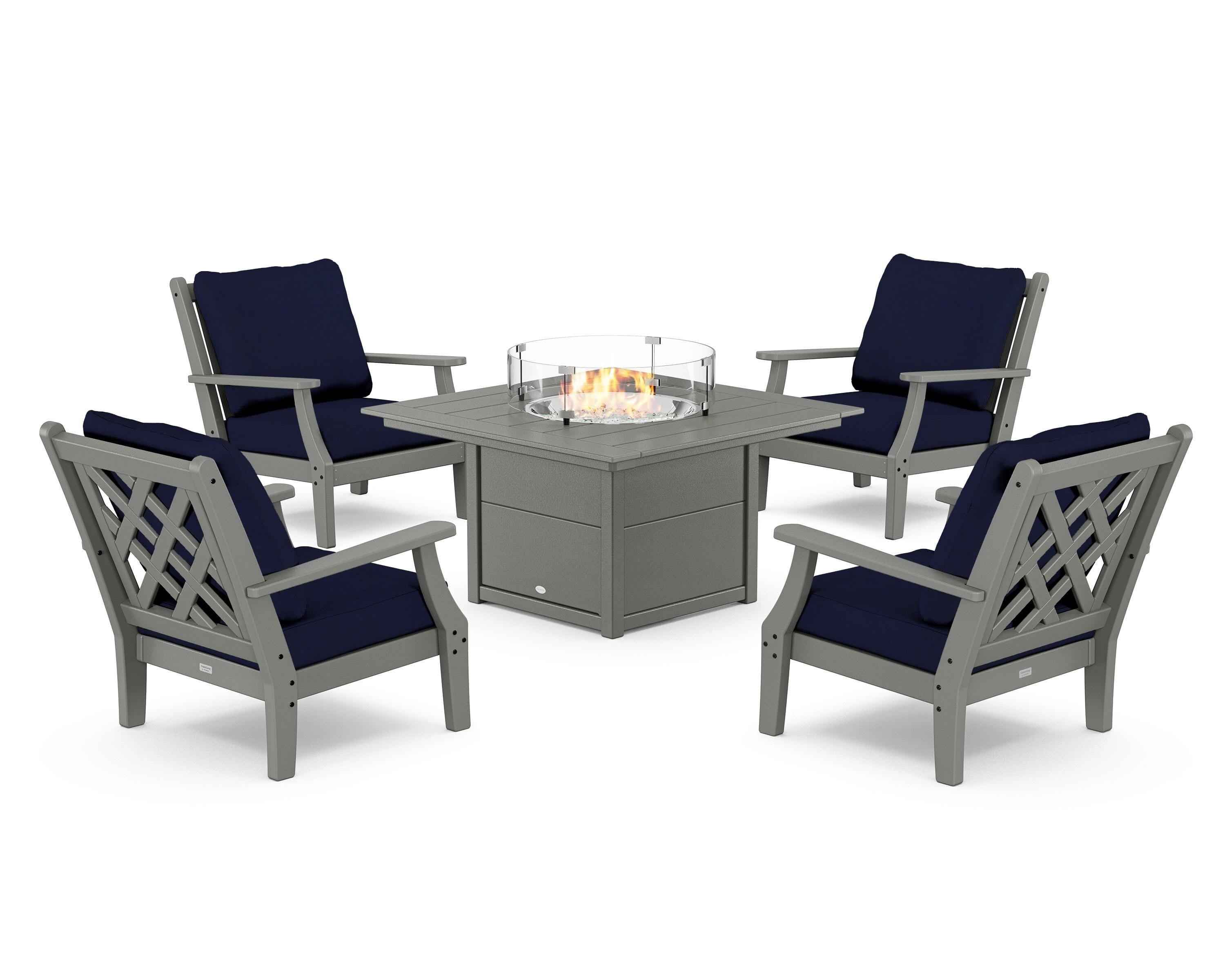 Country Living Wovendale 5-Piece Deep Seating Set with Fire Pit Table in Slate Grey / Navy