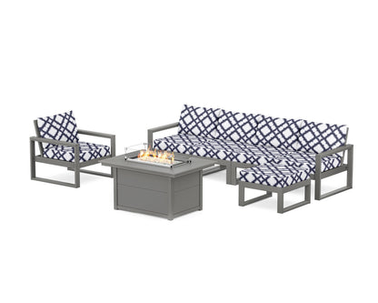 POLYWOOD® EDGE Sectional Lounge and Fire Pit Set in Slate Grey / Trellis Navy