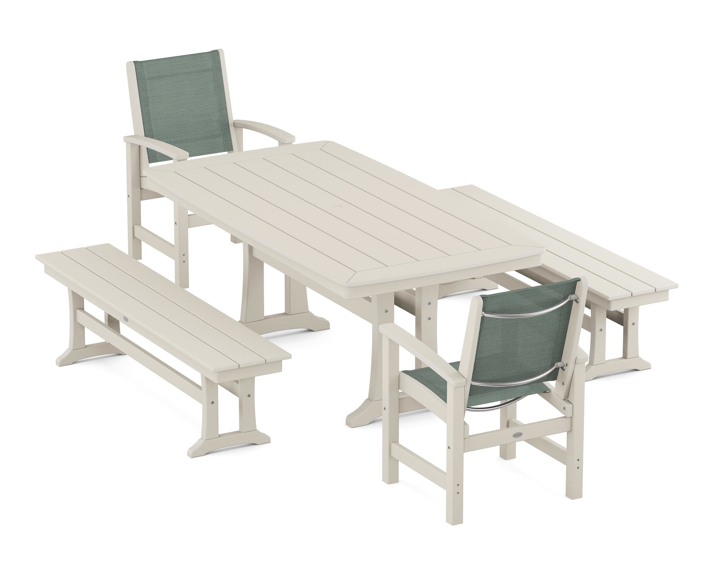 POLYWOOD® Coastal 5-Piece Dining Set with Trestle Legs and Benches in Sand / Dupioni Sea Mist Sling