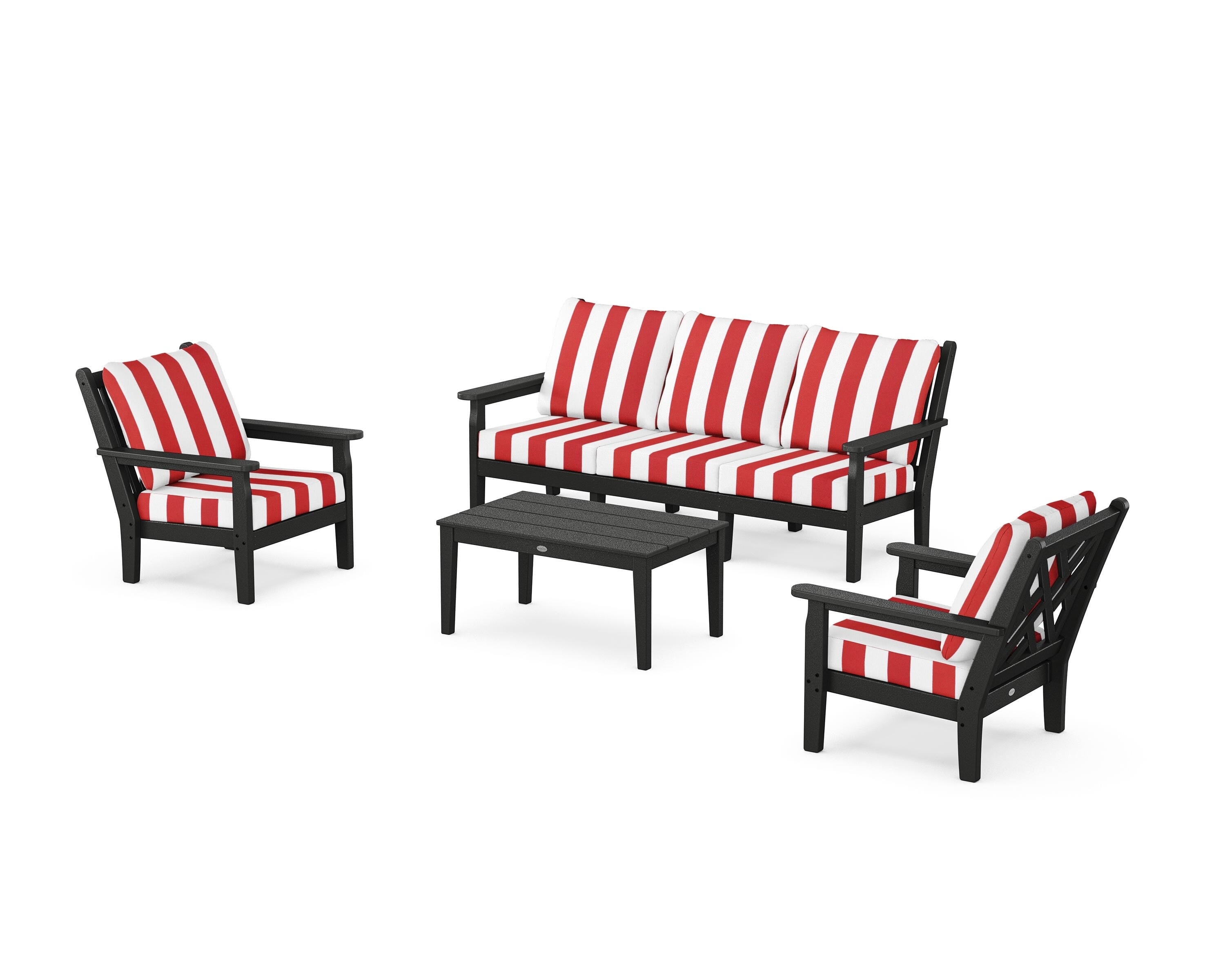 POLYWOOD® Chippendale 4-Piece Deep Seating Set with Sofa in Black / Cabana Stripe Crimson