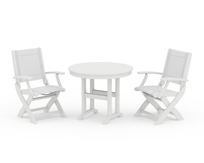POLYWOOD® Coastal Folding Chair 3-Piece Round Dining Set in White / White Sling