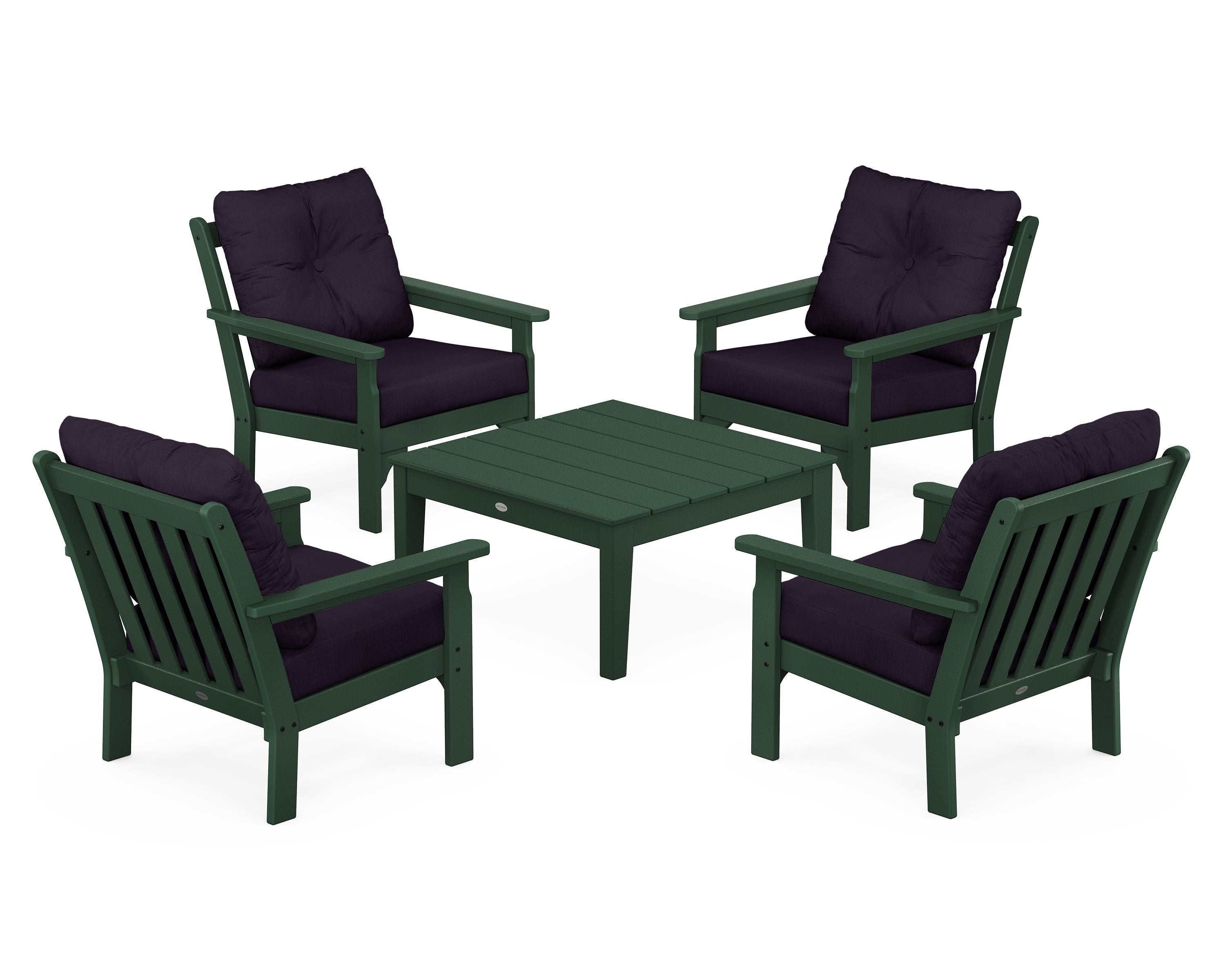 POLYWOOD® Vineyard 5-Piece Deep Seating Conversation Set in Green / Navy Linen