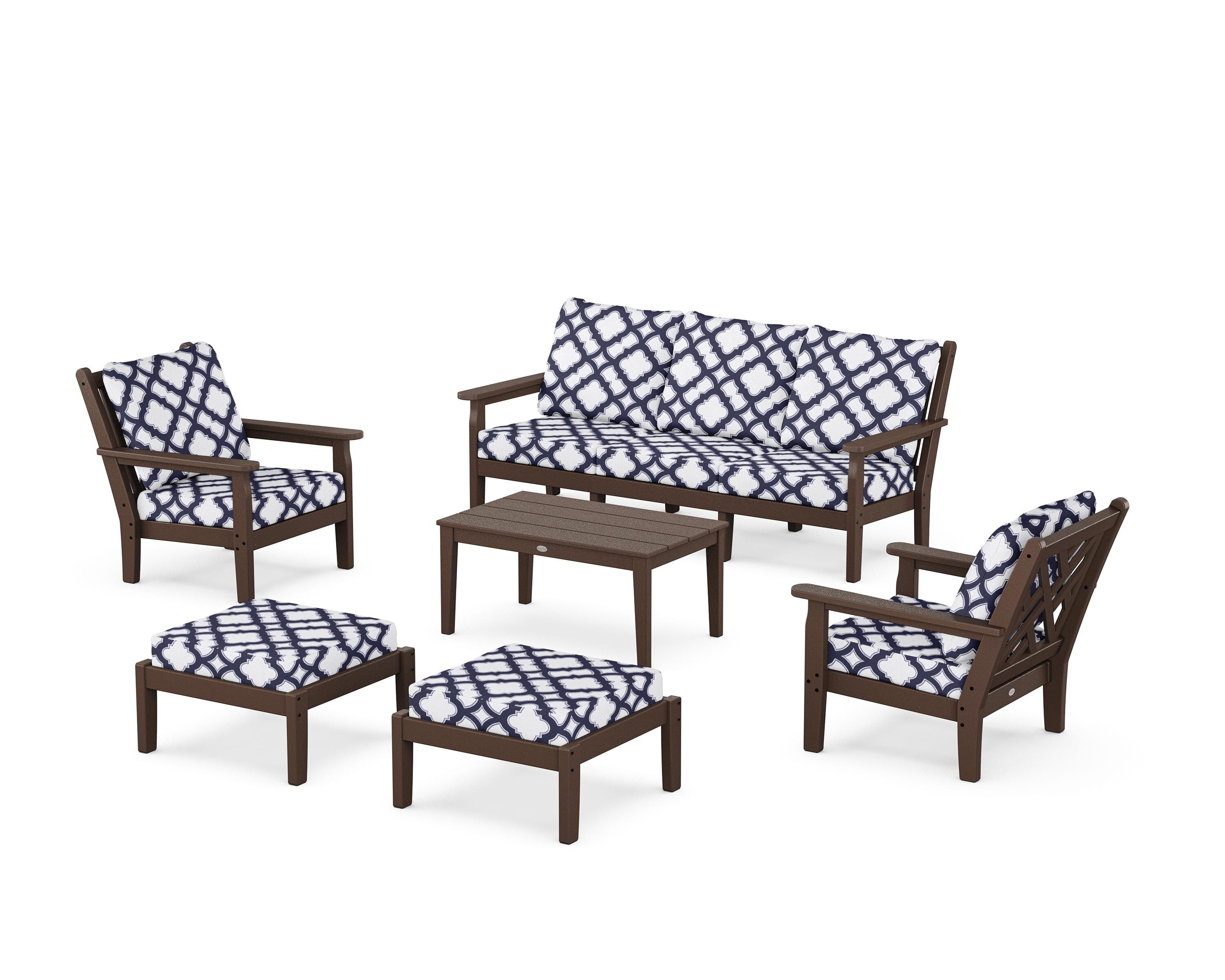 POLYWOOD® Chippendale 6-Piece Lounge Sofa Set in Mahogany / Trellis Navy