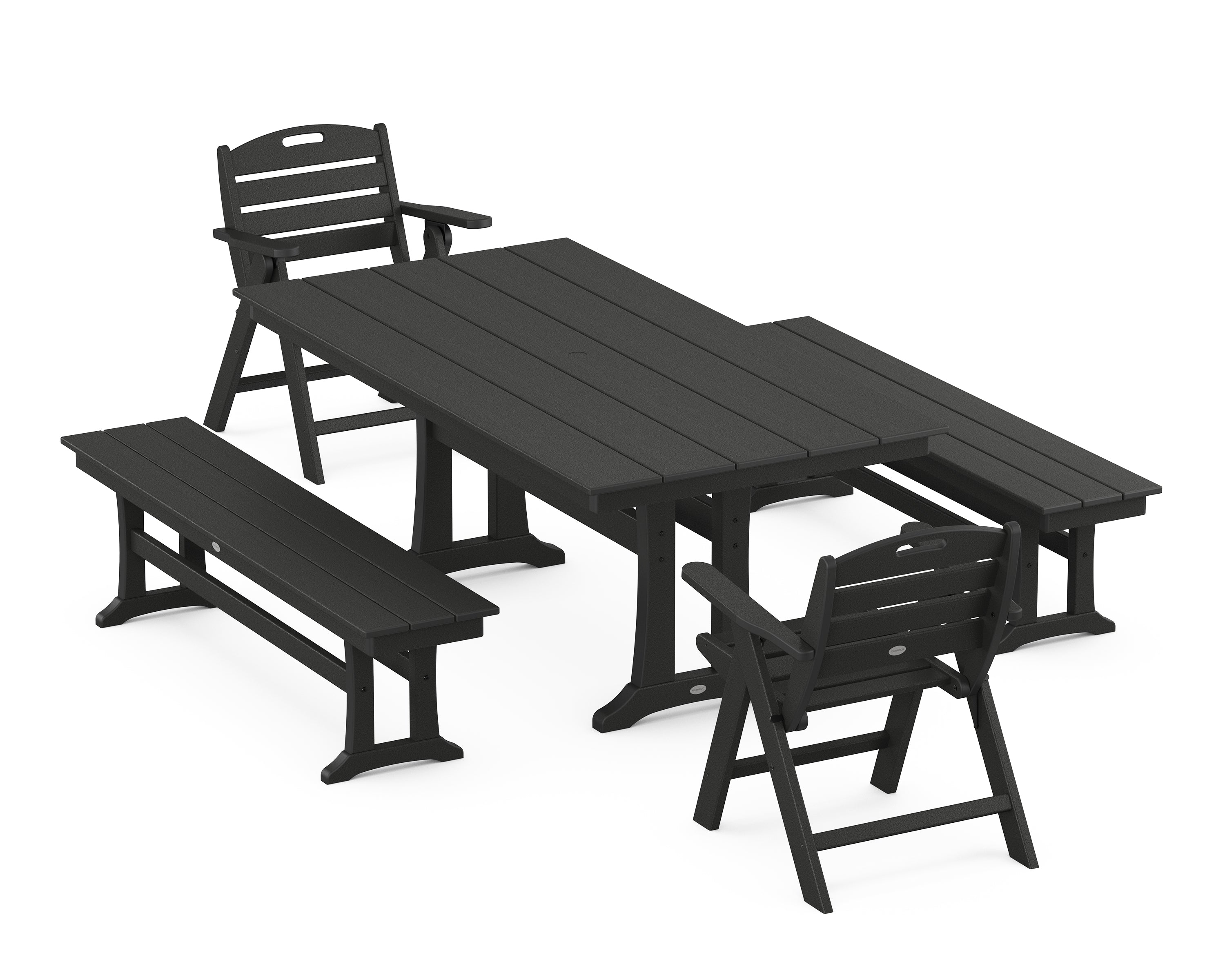 POLYWOOD® Nautical Folding Lowback Chair 5-Piece Farmhouse Dining Set With Trestle Legs in Black
