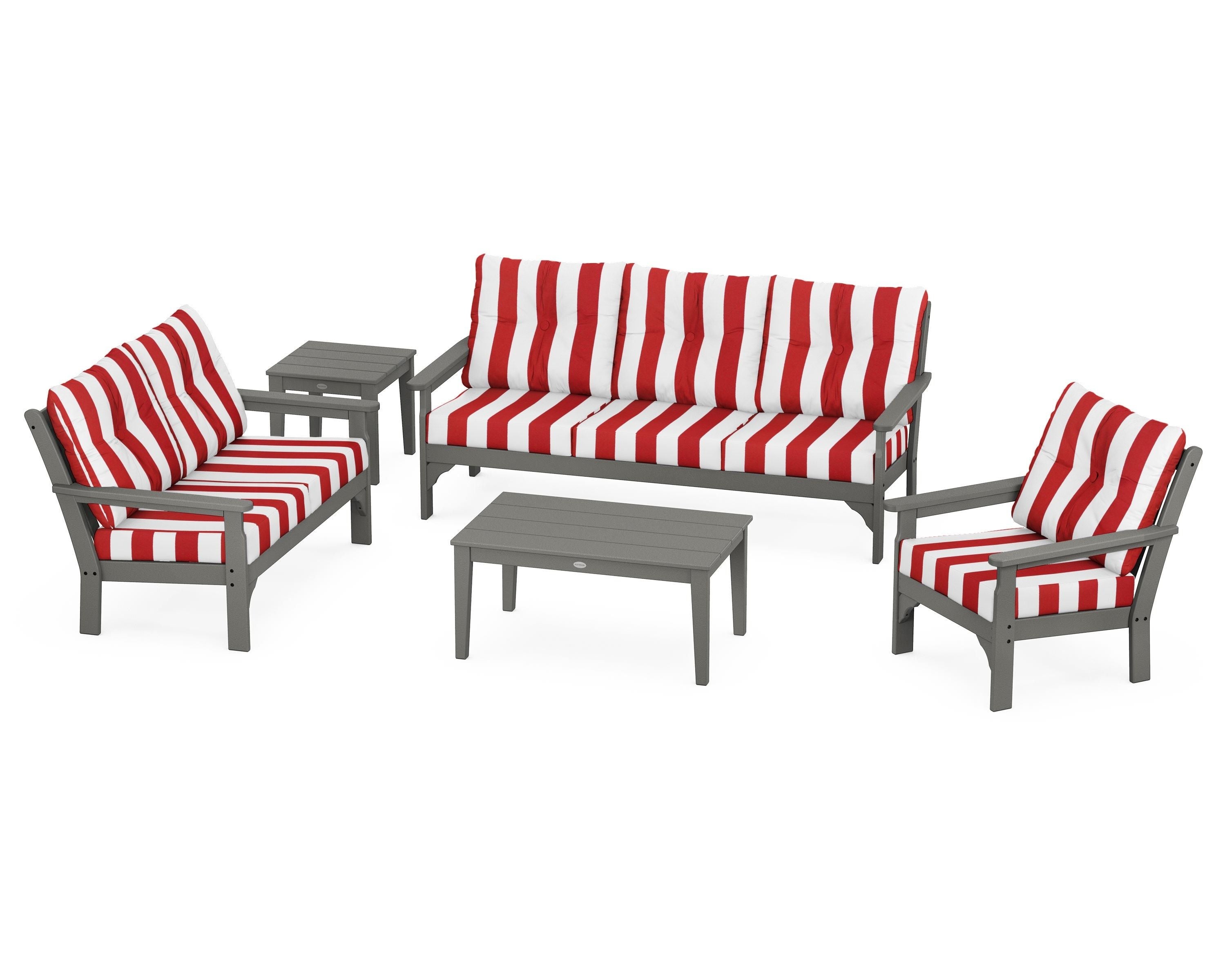 POLYWOOD® Vineyard 5 Piece Deep Seating Set in Slate Grey / Cabana Stripe Crimson