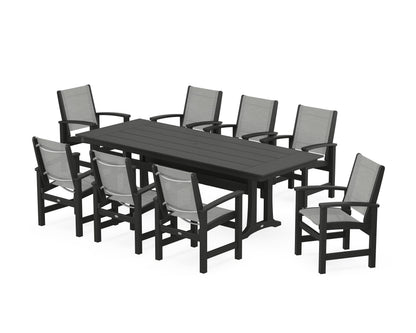 POLYWOOD® Coastal 9-Piece Farmhouse Dining Set with Trestle Legs in Black / Metallic Sling