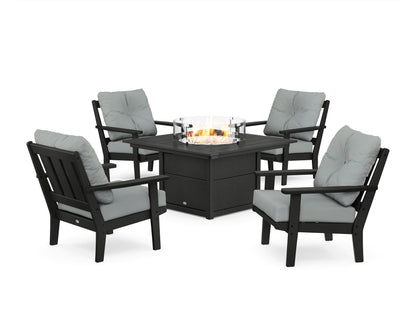 POLYWOOD® Oxford 5-Piece Deep Seating Set with Fire Pit Table in Black / Spa