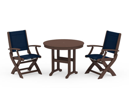 POLYWOOD® Coastal Folding Chair 3-Piece Round Dining Set in Mahogany / Navy Blue Sling