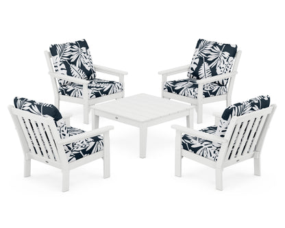 POLYWOOD® Vineyard 5-Piece Deep Seating Conversation Set in White / Leaf Marine Indigo