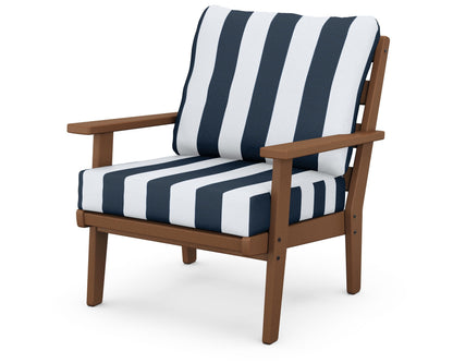 POLYWOOD® Grant Park Deep Seating Chair in Teak / Cabana Stripe Marine Indigo