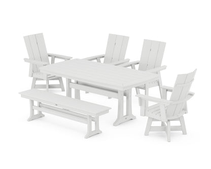 POLYWOOD® Modern Curveback Adirondack Swivel Chair 6-Piece Dining Set with Trestle Legs and Bench in White