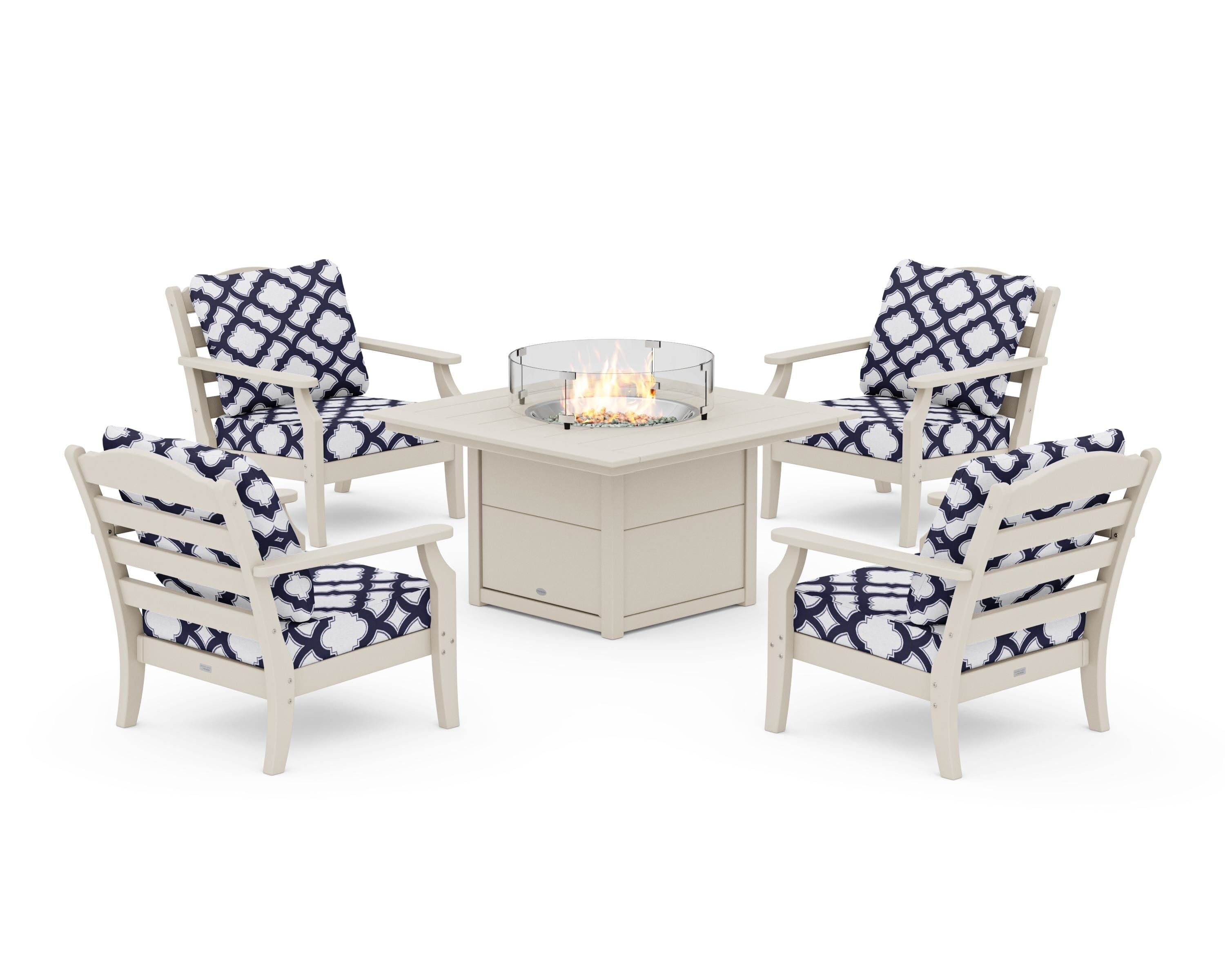 Draper James™ by  POLYWOOD® Savannah 5-Piece Deep Seating Set with Fire Pit Table in Sand / Trellis Navy